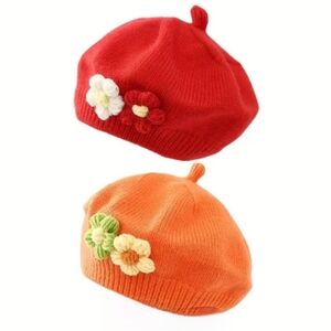 2pcs Baby Beret Hat - Stretch Fit Knitted French Beanie with Flowers